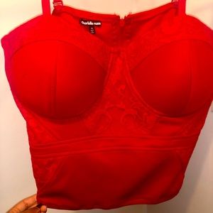 Red bustier with detachable straps and zipper